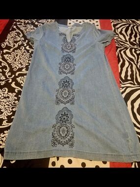 Light Blue Embroidered Denim Shift Dress